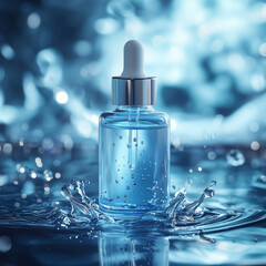A blue serum bottle depicted with water splash effects, symbolizing intense hydration and freshness in skincare.