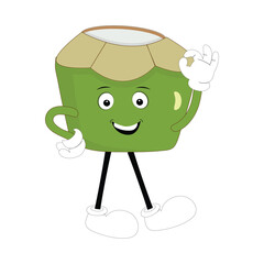 Cute coconut mascot cartoon posing. Vector illustration, Happy Coconut Character Summer Design with a straw, a slice of lemon and a small umbrella, while others gave a thumbs up