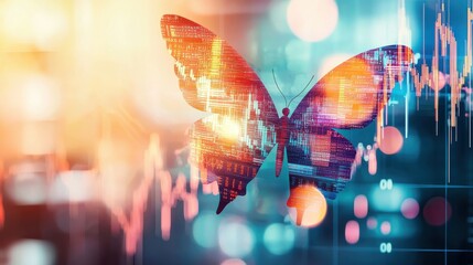 Fototapeta premium An abstract butterfly with wings made of stock charts and financial symbols, flapping to create a chain reaction of market movements across the globe