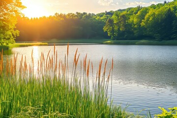 Sunset view of the setting sun with tall grass in front and water behind it. The golden light reflects off the lake surface, creating an orange glow in the sky.