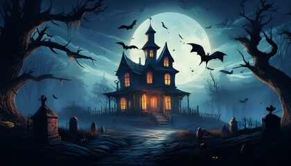 spooky halloween night scene with haunted house and bats