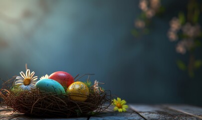 colorful easter nest with easter eggs Copy space