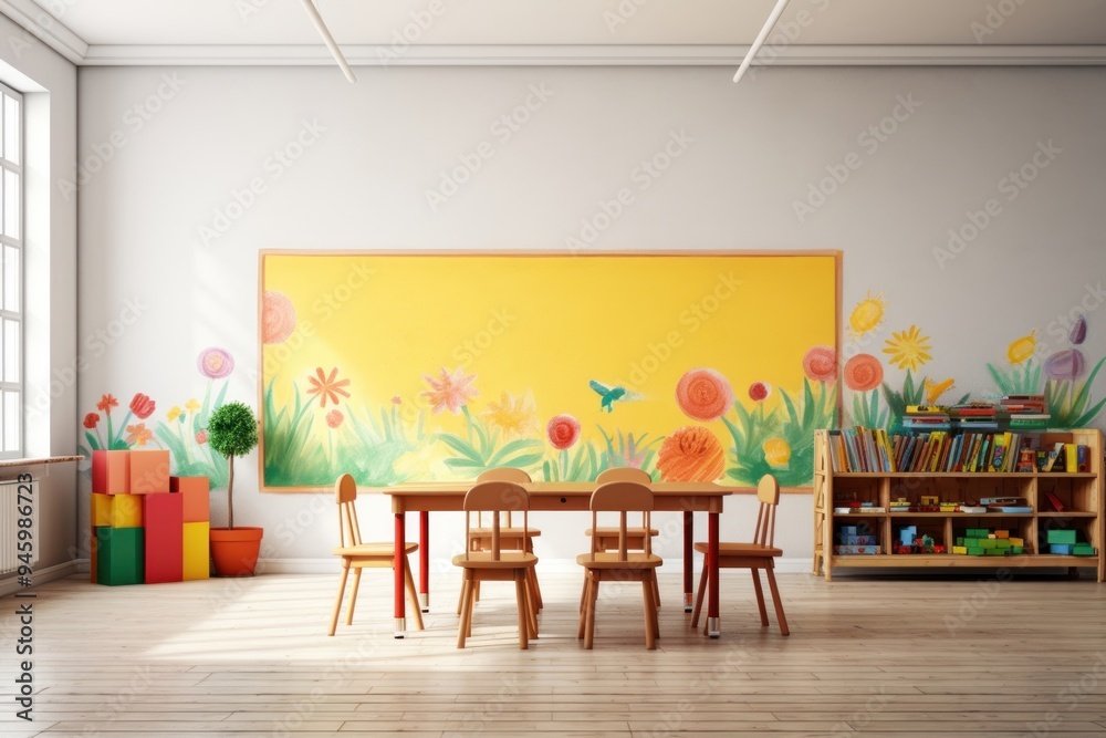 Wall mural kindergarten classroom architecture furniture.