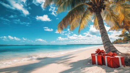 A palm tree stands elegantly on a tranquil beach, adorned with colorful Christmas gifts, embraced by the warm sunshine and the soothing sound of ocean waves