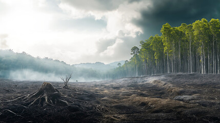 A stark contrast between a lush forest and a cleared area, emphasizing the impact of deforestation