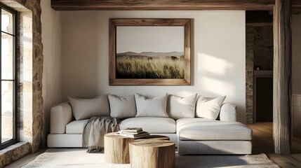 Beautifully designed rustic farmhouse interior featuring a salvaged wood picture frame neutral linen upholstery exposed beams and ambient lighting creating a cozy and tranquil atmosphere