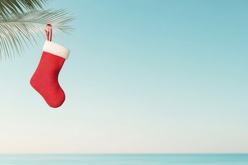 A bright red Christmas stocking is joyfully suspended from a palm tree branch, set against the serene blue ocean and clear sky during a sunny midday, embodying a tropical holiday spirit