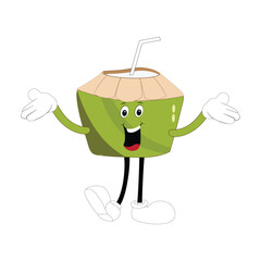 Cute coconut mascot cartoon posing. Vector illustration, Happy Coconut Character Summer Design with a straw, a slice of lemon and a small umbrella, while others gave a thumbs up