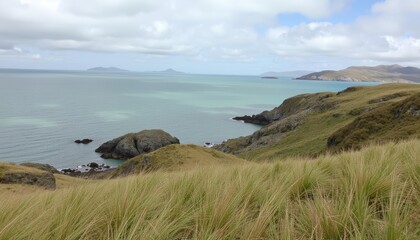 Tranquil coastal scene with lush greenery and azure waters