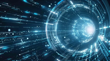 Fototapeta premium Dynamic abstract blue glowing neon laser tunnel with futuristic energy lines and flying shards of particles, representing cutting-edge technology, innovation, high-tech advancement in a digital space