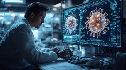 Researcher analyzing virus model on computer screen in laboratory.