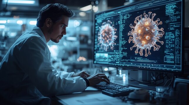 Researcher analyzing virus model on computer screen in laboratory.