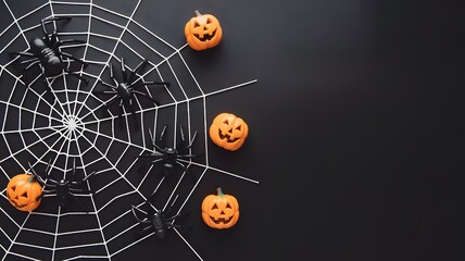 Halloween Spider Web with Black Spiders and Pumpkin Decorations on Black Background