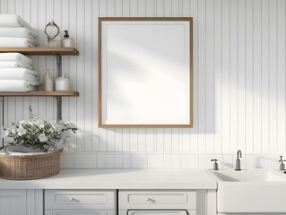 Fototapeta premium Bright airy farmhouse style laundry room with mockup frame displayed on shiplap accent wall color tile flooring open shelving and farmhouse style sink 3D render interior design scene