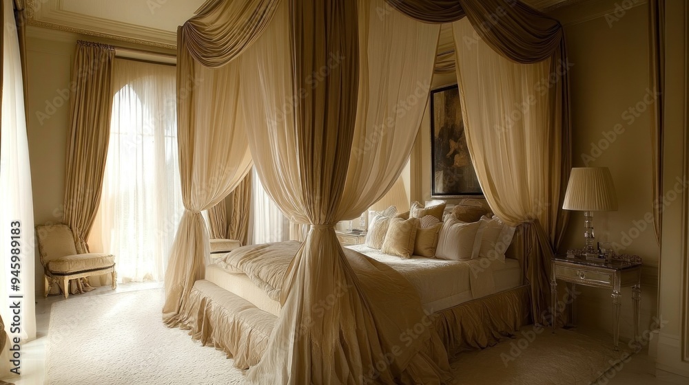 Wall mural Luxurious Bedroom with Canopy Bed and Golden Curtains