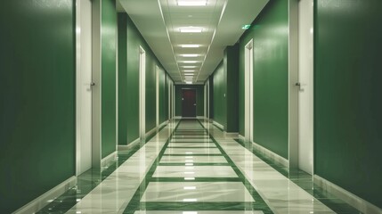 Minimalist hallway with green accents and modern lighting