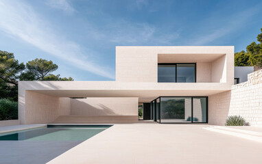 Mediterranean luxury villa with clean lines and elegant details. Premium Real Estate concept image.