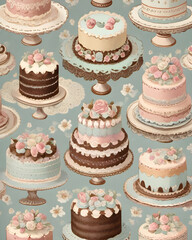 Vintage Pastel Cake and Cupcake Pattern on Dark Teal