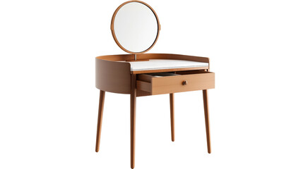 Vanity table with round mirror and drawer, showcasing modern design. warm wood finish adds cozy touch to any room. 