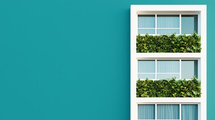 Modern building design with green plants and large windows against a vibrant teal background, showcasing contemporary architecture.
