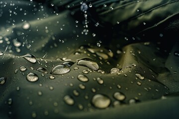 Fototapeta premium Close-up shot of raindrop on dark green fabric. Spherical drop moves from top left to bottom right corner, reflecting light. Blurred background focuses attention on water droplet smooth surface.