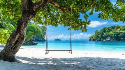 Beautiful White Sand Beach with Clear Blue Water and Swing on a Tree - Ideal Summer Vacation Background. AI generated illustration