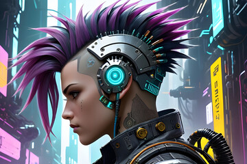 Cyberpunk Rebel: Profile of a fierce female cyborg with a vibrant mohawk, gazing stoically amidst a neon-lit cityscape. Her augmented head implants hint at a dystopian future where technology and rebe
