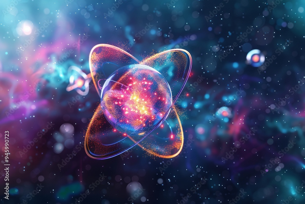 Wall mural a colorful visualization of an atom's structure surrounded by the cosmic background
