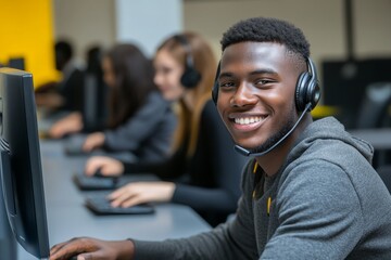 At the office, a customer support operator wears a hands-free headset while working smiley.
