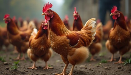 Fototapeta premium Vibrant roosters in a flock standing on dirt ground