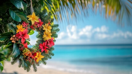 A tropical Christmas wreath adorned with vivid flowers hangs from a palm tree against a sunny ocean backdrop in a vibrant holiday setting.