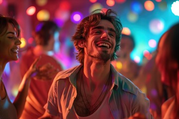 Joyful Caucasian man dances with friends on nightclub dance floor surrounded by colorful lights vibrant atmosphere. Medium shot captures dynamic movement bright lighting natural expressions.