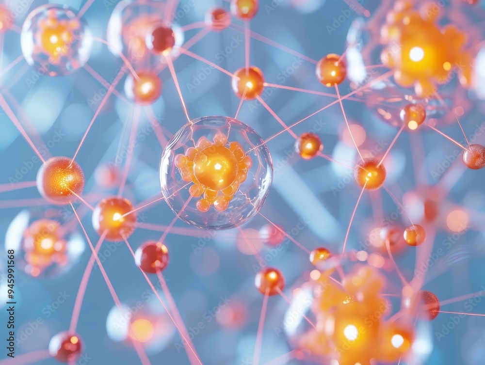 Wall mural abstract 3d illustration depicting atomic structure with interconnected particles and electron cloud