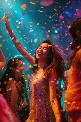 Obraz premium Group of joyful people dancing together at nightclub, surrounded by colorful lights, vibrant atmosphere. Confetti falls from above as twirl, spin in rhythm to music. Young Asian woman dances with