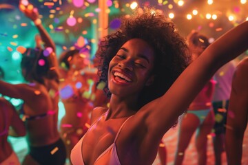 Joyful African American woman dancing at beach club surrounded by group of young people celebrating lively party scene. Bright and colorful lighting creates vibrant atmosphere filled with confetti.