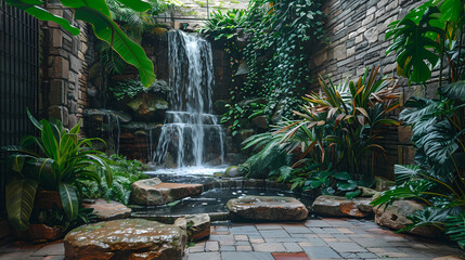 Fototapeta premium Luxurious waterfall garden inside the house,16K,photostock style