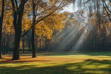 Fototapeta premium An enchanting golden glow is cast over the grassy field by the sun's rays in this autumn landscape with trees and sunlight