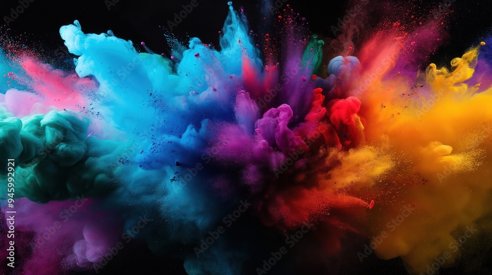 Poster Colorful paint explosion on black background creates dynamic abstract design. Swirling colourful motion forms beautiful pattern. Smooth flow of colours meets textured effect.