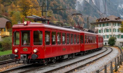 Obraz premium Famous electric red tourist panoramic train in swiss village Lungern, canton of Obwalden, Switzerland