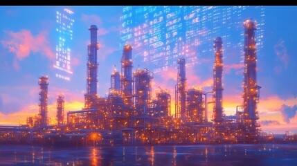 Photorealistic Oil and Gas Industry with Double Exposure of Digital Identity - Data Visualization Concept in Morning Light. AI generated illustration