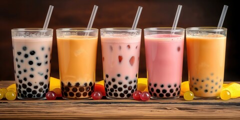 Row of colorful boba tea glasses on wooden background. Assorted flavors like green tea, milk tea,...