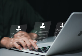 Human resources management concept. Headhunters recruit employees by candidate resumes on virtual screen. Screening employee information, job applicants, staff icons for HR recruitment leadership..