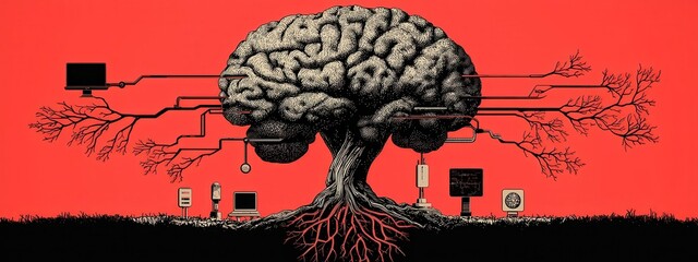 Technological tree with roots in traditional tools and branches leading to advanced AI, IoT, and cloud computing devices