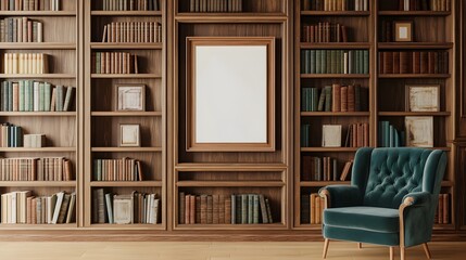 Charming 3D Mockup of Wall Art Layered with Other Decor in Inviting Farmhouse Style Home Library Complete with Plush Velvet Armchair Wooden Bookshelves and Vintage Inspired Accents