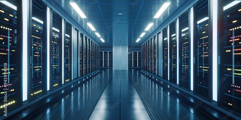 Aufkleber Data center infrastructure in a futuristic room with rows of server racks, backup systems, and network equipment for cloud storage and data processing.