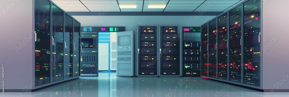 Poster Data center server room with computer rack storage containing mainframe farm, backup systems, hosting equipment, network infrastructure, database management hardware, internet connection devices,