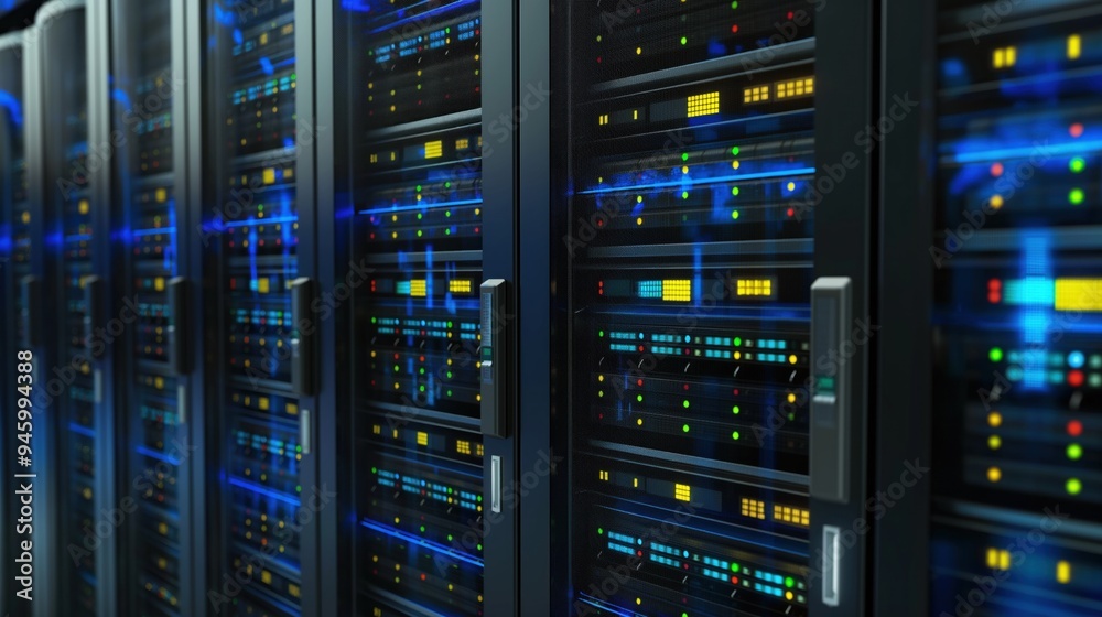 Fototapete Rows of servers in a large data center facility. Modern equipment and LED lighting illuminate rows of rack-mounted hardware for big business and industry use.