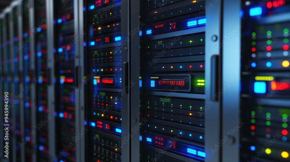 Aufkleber modern data center room with multiple servers in rack array configuration. led illuminates rows of c