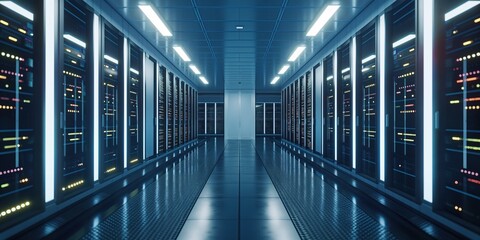 Data center infrastructure in a futuristic room with rows of server racks, backup systems, and network equipment for cloud storage and data processing.