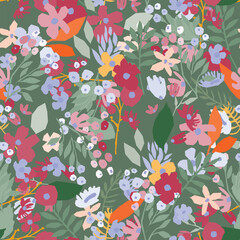 A seamless floral pattern featuring blooms and leaves botanical design on a green background. Flower vector art good for wrapping paper, textile print, fabric